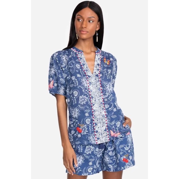 Johnny Was Effortless Puffed Sleeve Blue Embroidered Blouse NWT New M - Picture 10 of 15